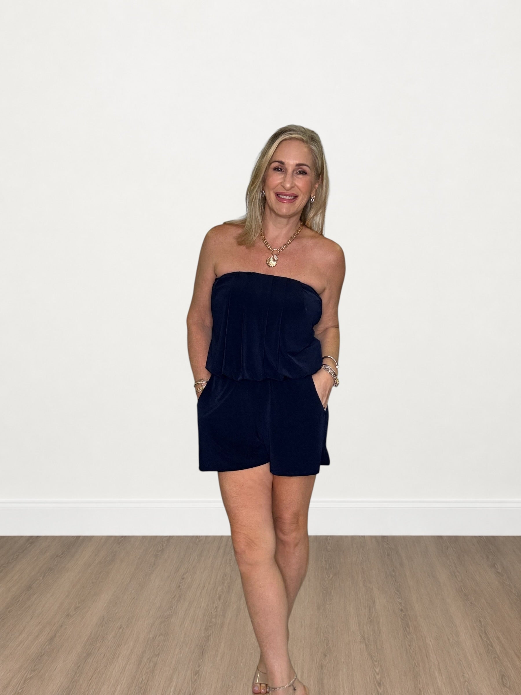 Strapless Tube Blouson Romper with Pockets