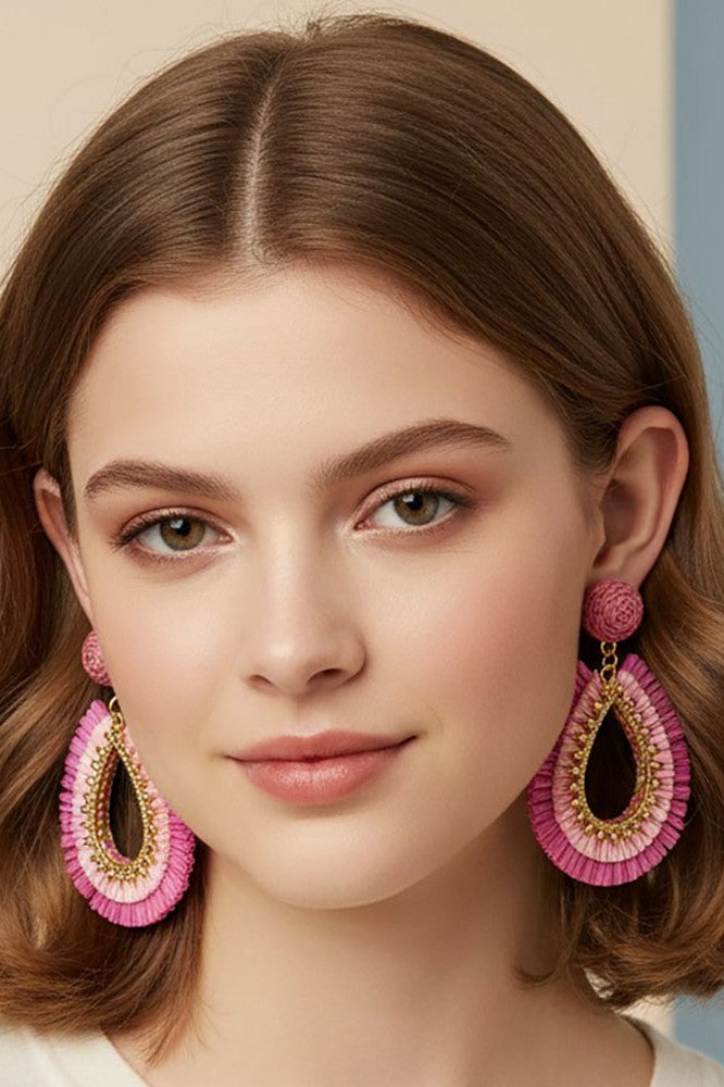 Layered Raffia Open Teardrop Statement Earrings