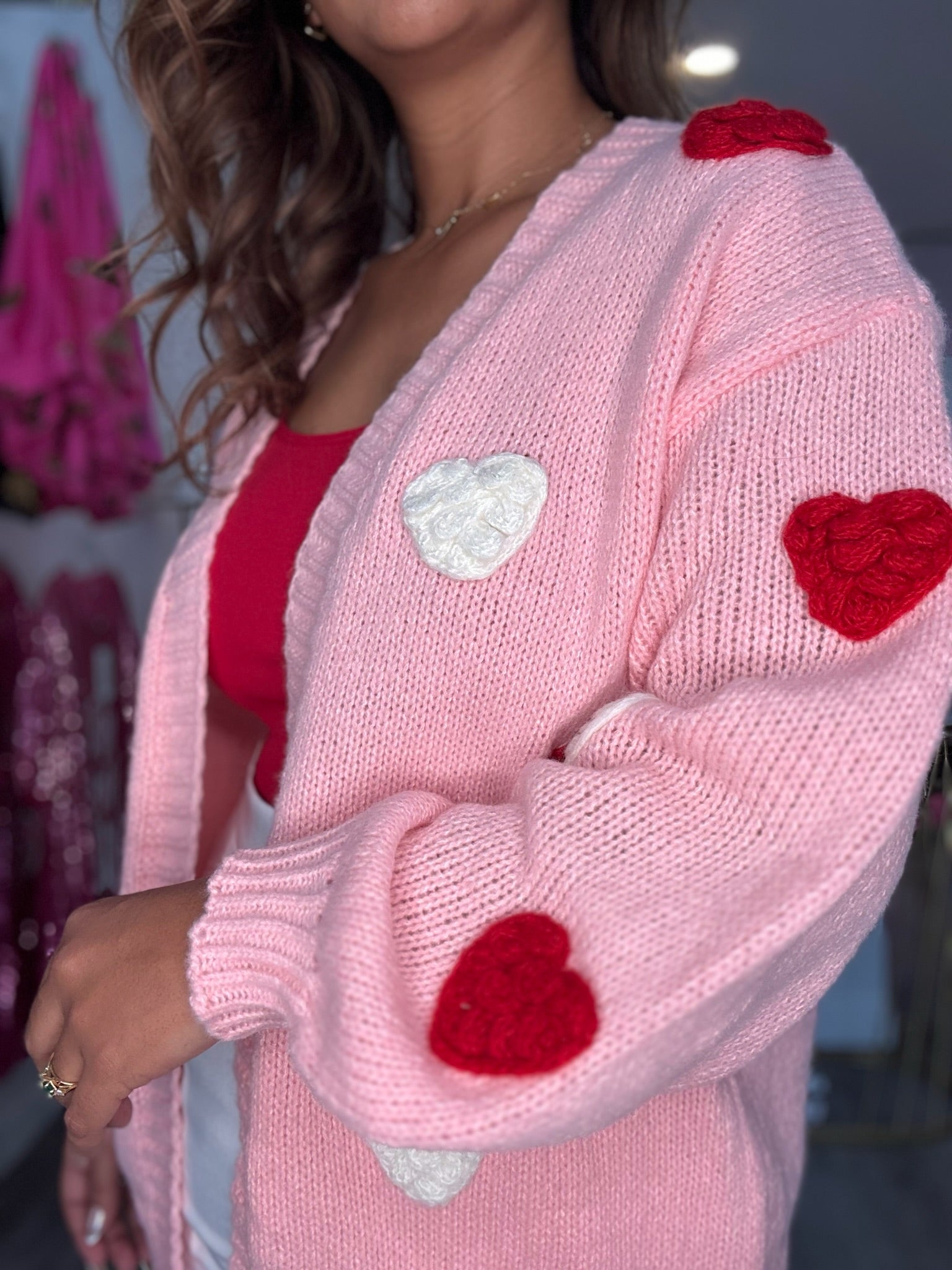 CROCHET HEART PATCHES SWEATER OPEN CARDIGAN
