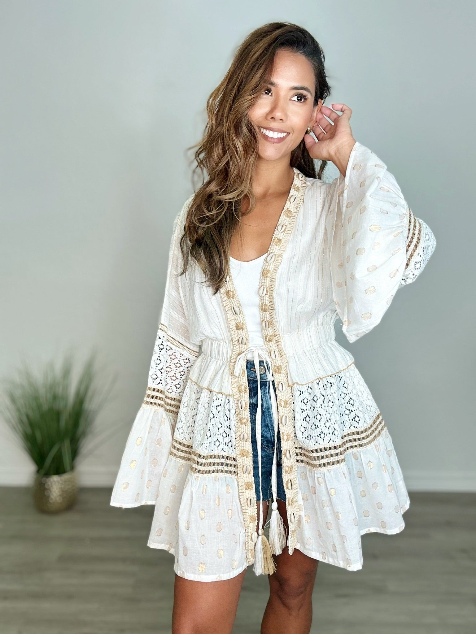 Seashell Metallic Kimono Top by Pol