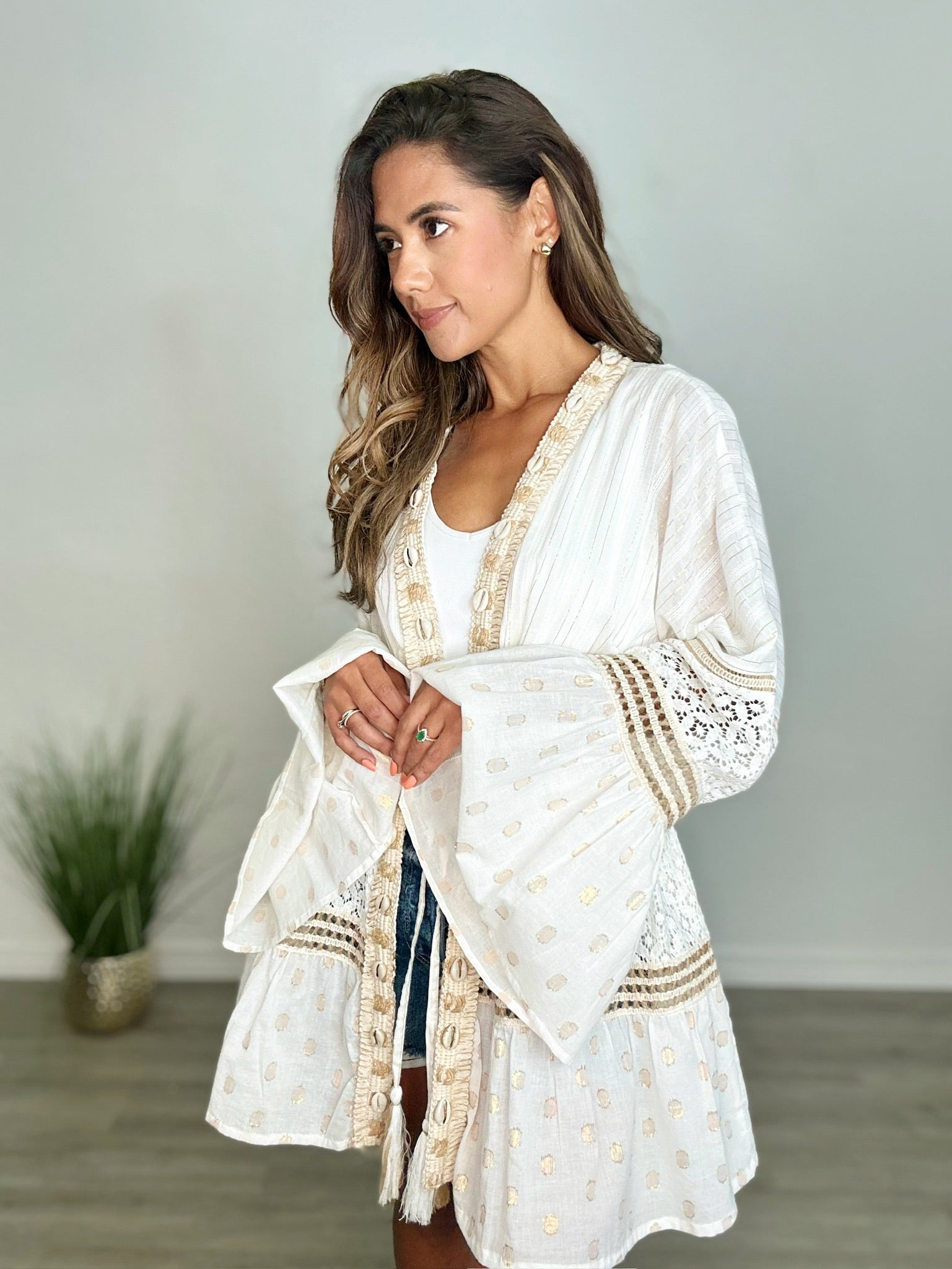 Seashell Metallic Kimono Top by Pol