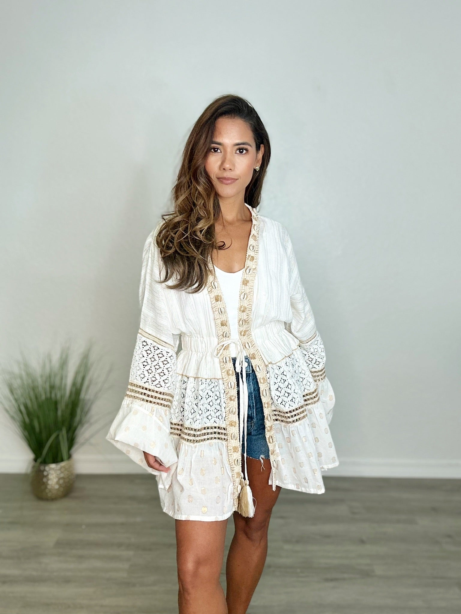 Seashell Metallic Kimono Top by Pol