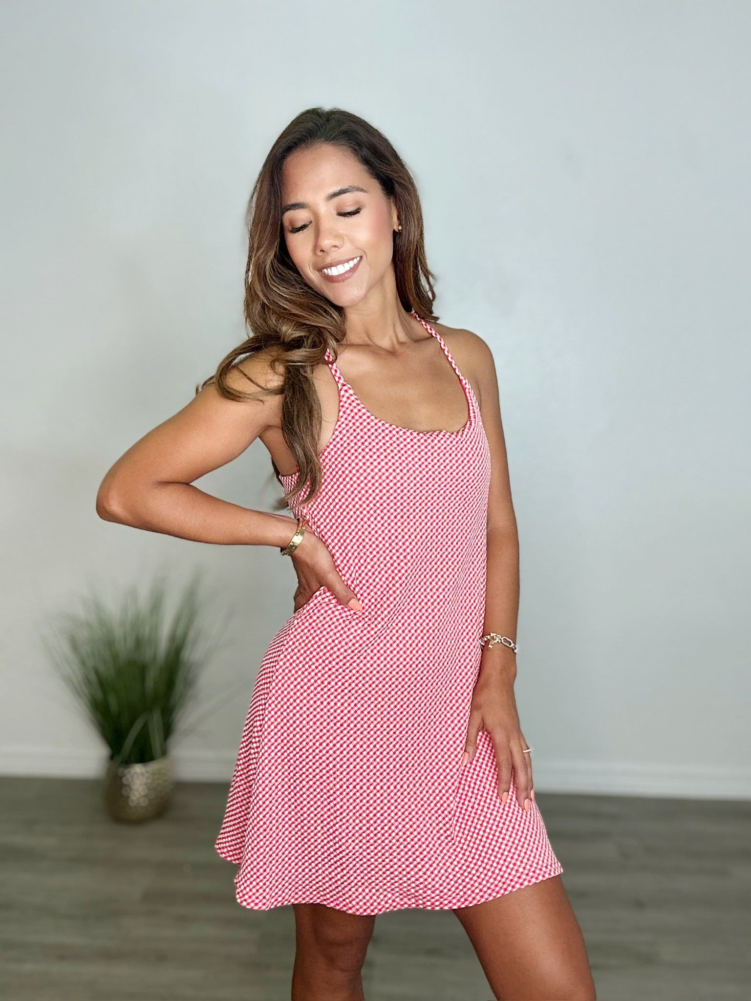 Textured Checkered Knit Activewear Mini Tennis Dress