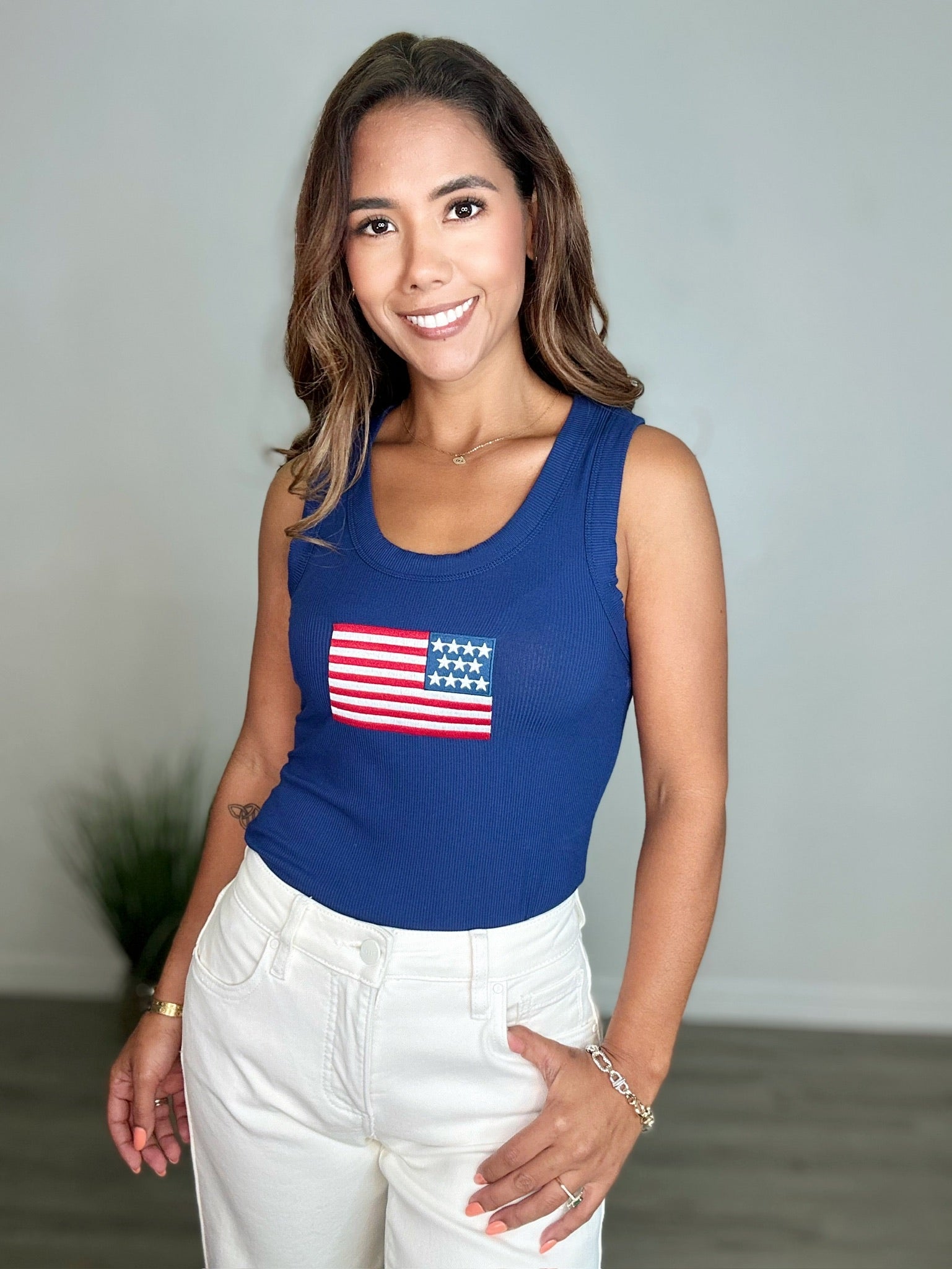 Ribbed American Flag Scoop Neck Tank Top