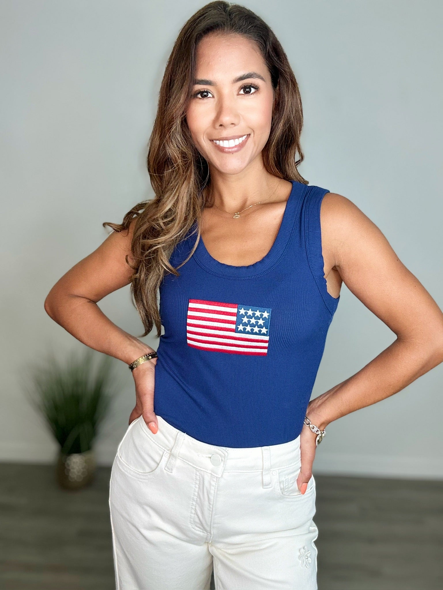 Ribbed American Flag Scoop Neck Tank Top