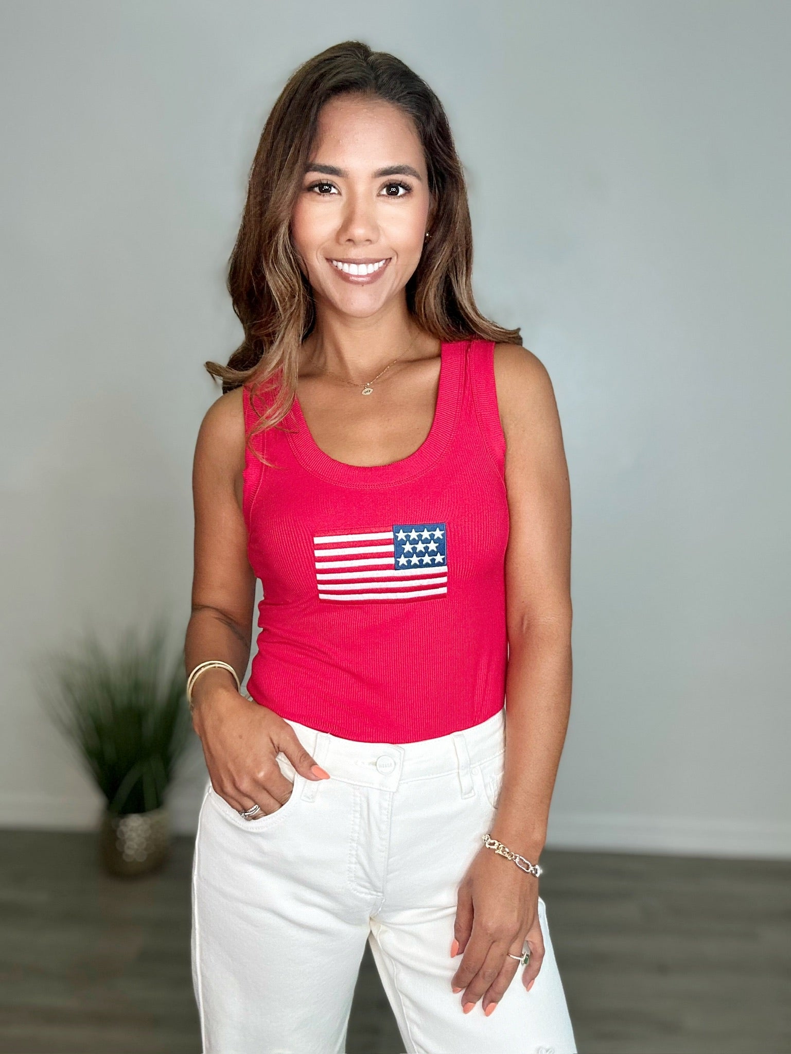 Ribbed American Flag Scoop Neck Tank Top