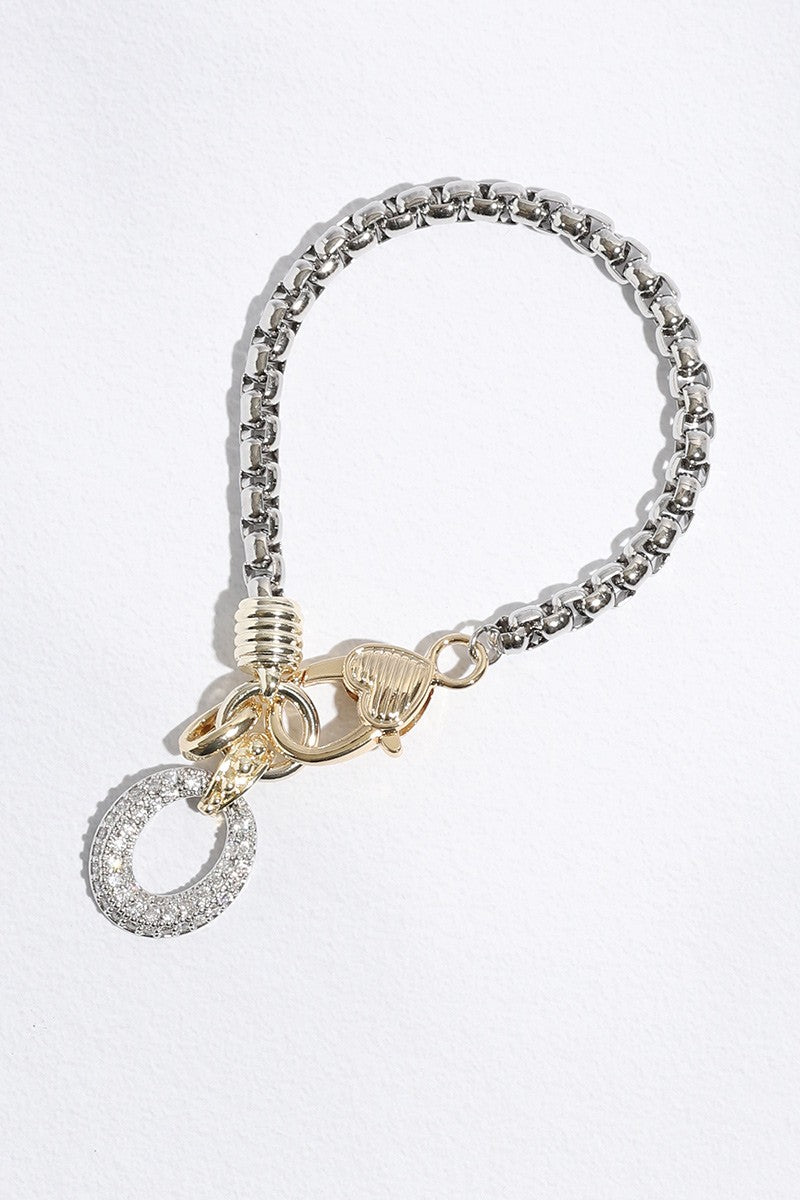 Two Tone CZ Open Oval Charm Bracelet