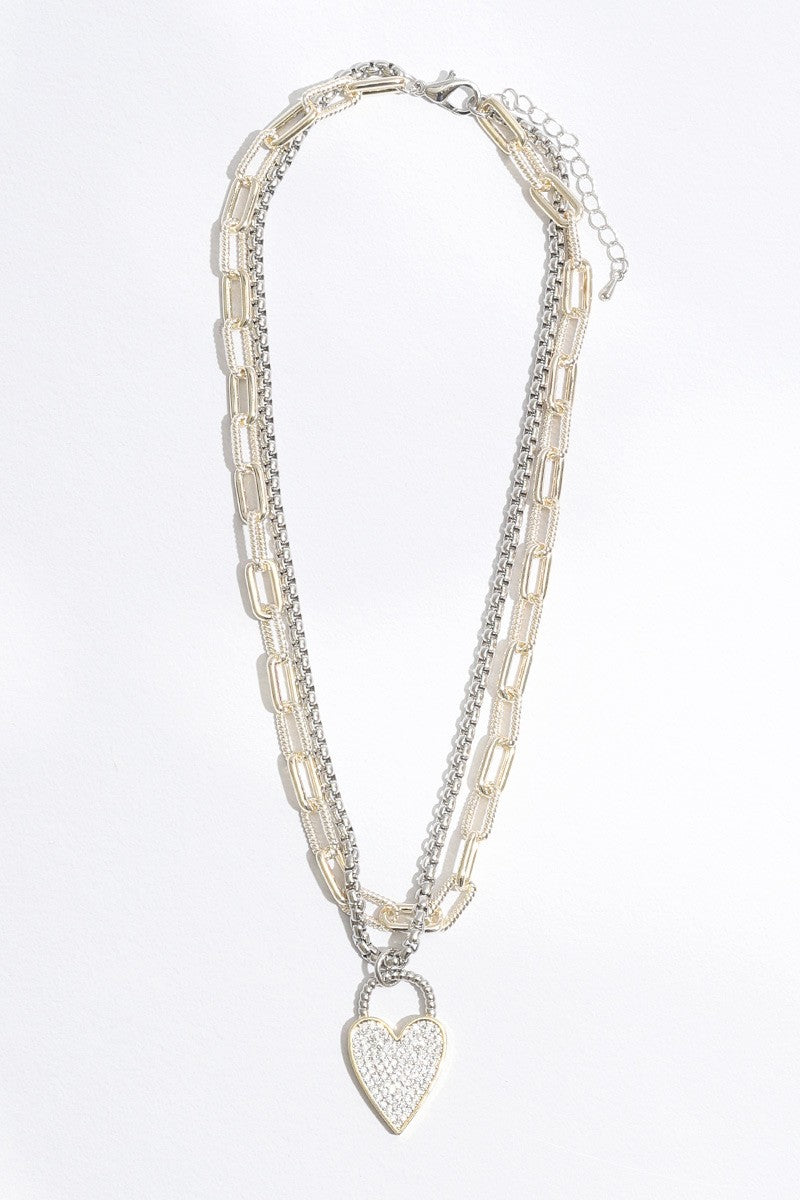 Double Chain CZ Heart Pendant Two Tone Necklace