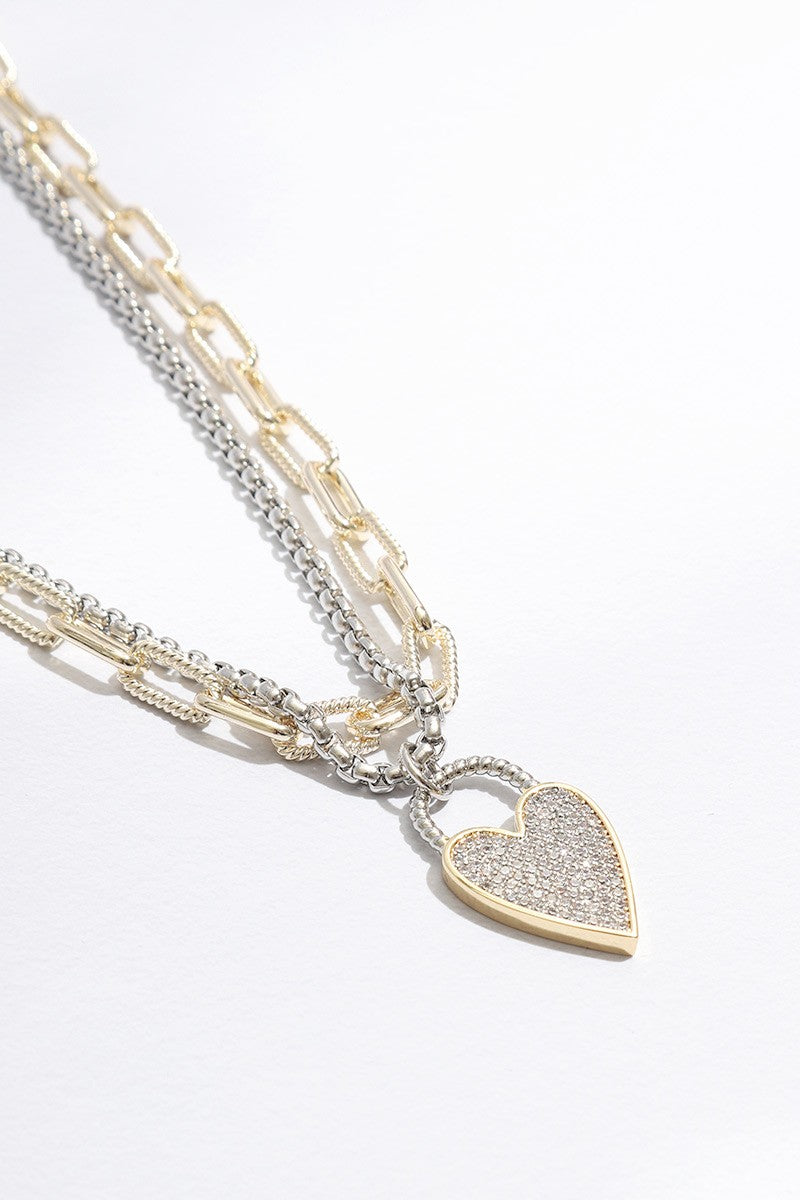 Double Chain CZ Heart Pendant Two Tone Necklace