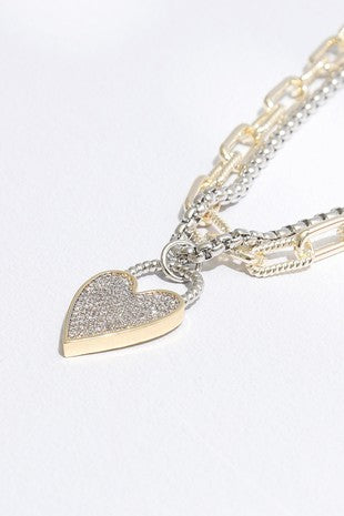 Double Chain CZ Heart Pendant Two Tone Necklace