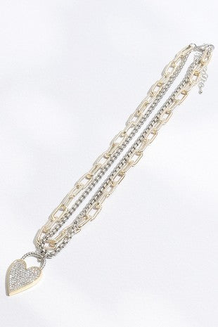 Double Chain CZ Heart Pendant Two Tone Necklace