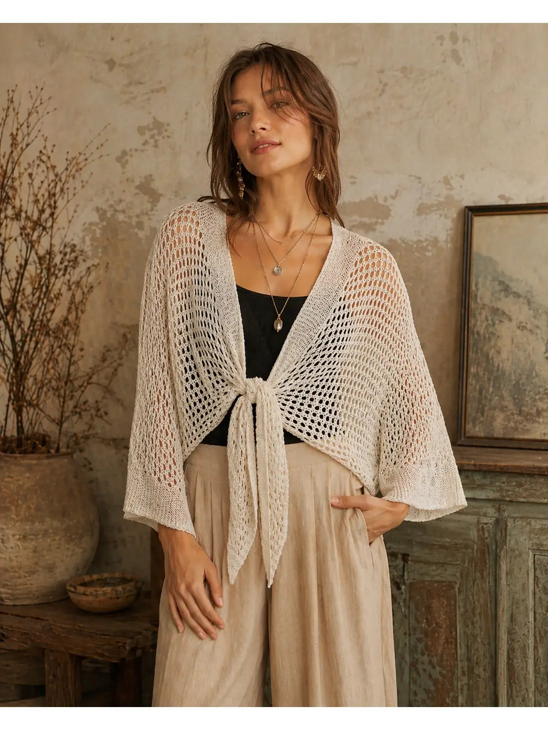 Metallic Open-Knit Tie-Front Cardigan