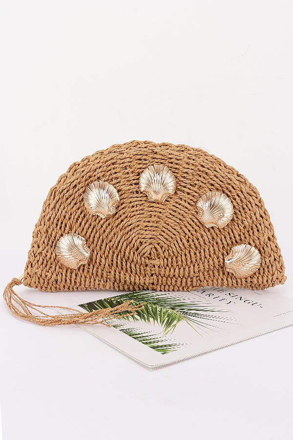 Faux Straw Half-Moon Shell Clutch