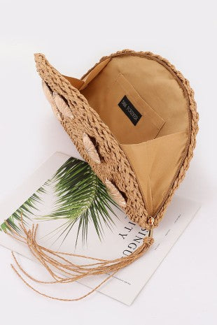 Faux Straw Half-Moon Shell Clutch