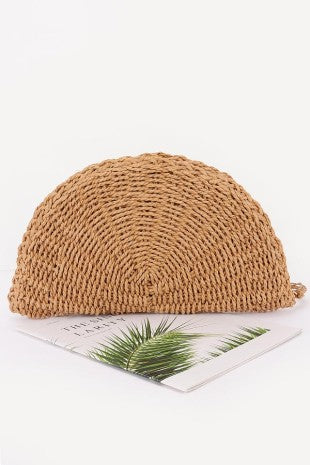 Faux Straw Half-Moon Shell Clutch