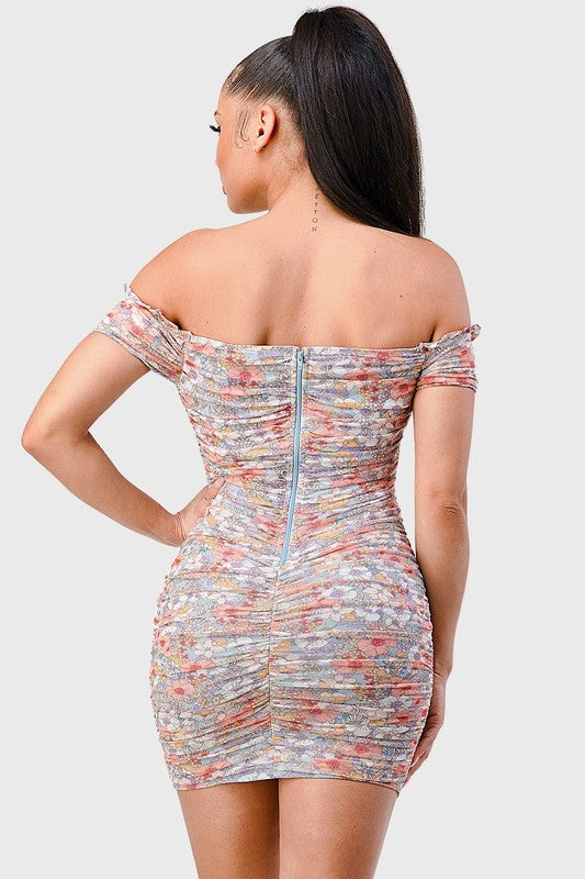 The Floral Mesh Ruched Mini Dress