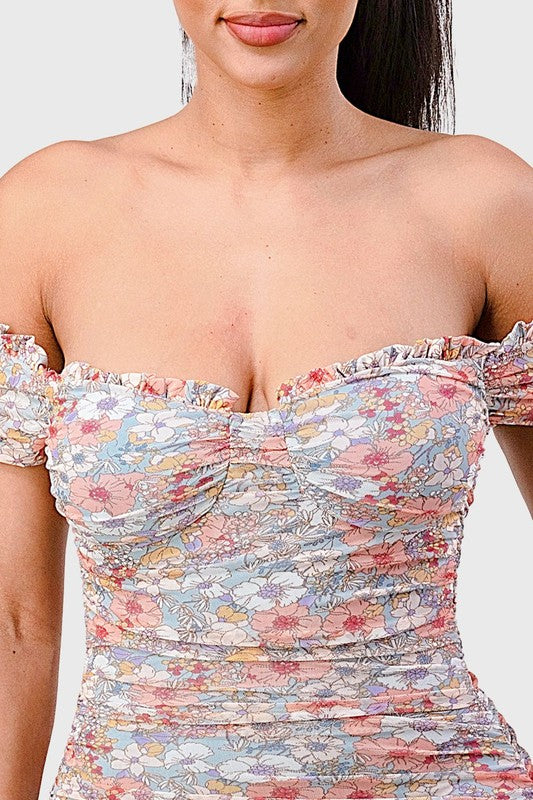 The Floral Mesh Ruched Mini Dress