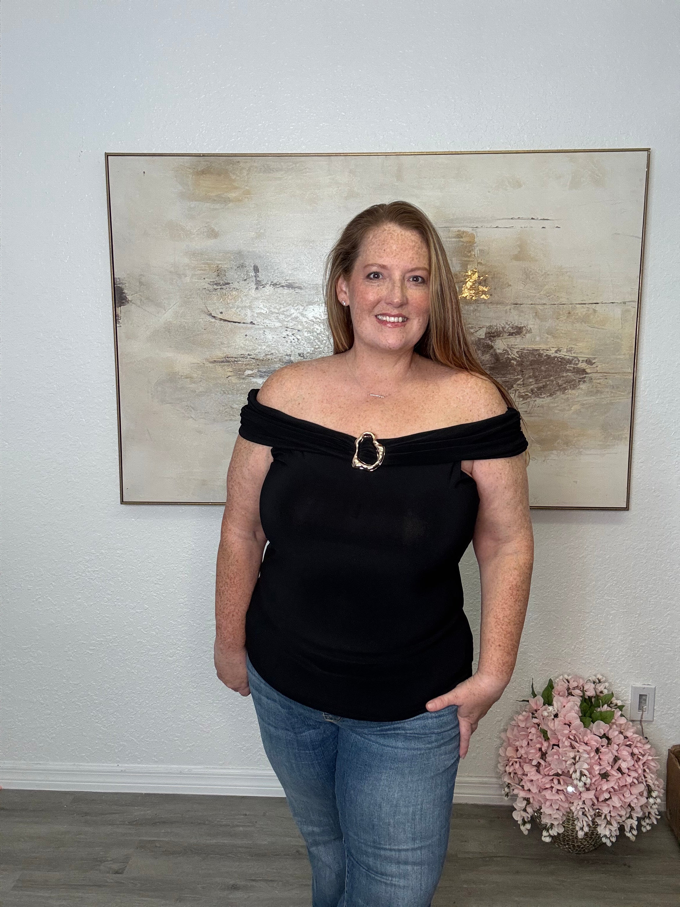 Off-the-Shoulder Top with Gold Accent Ring