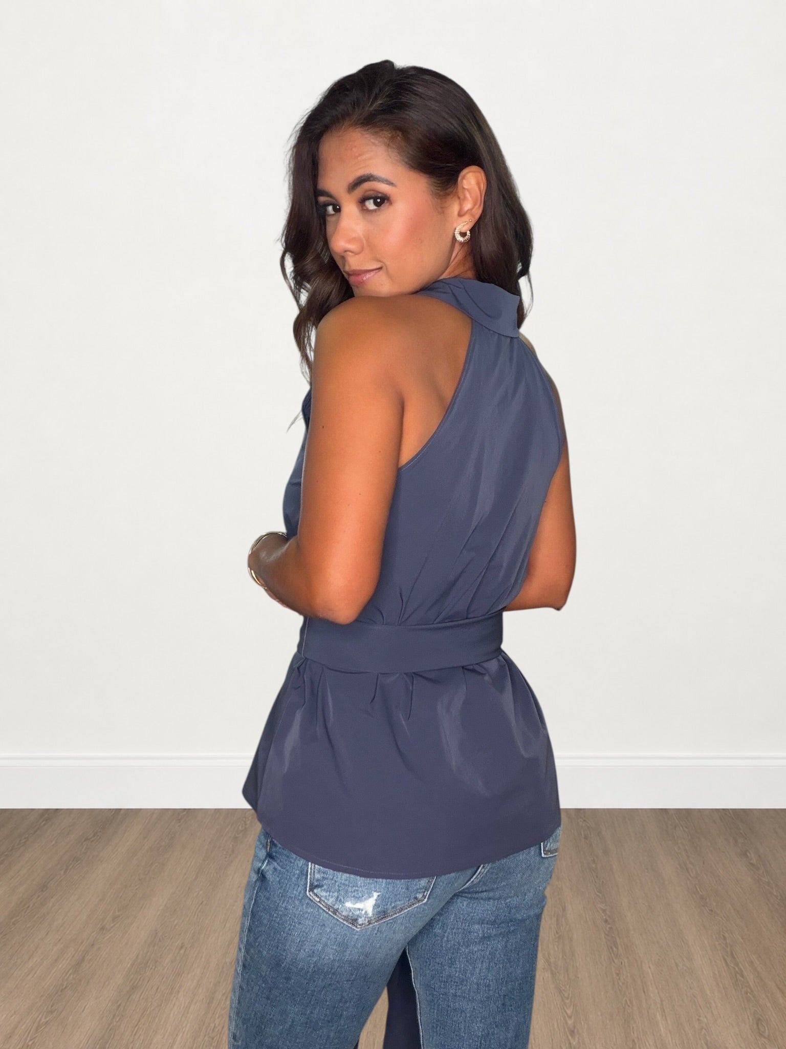 Sleeveless Collared Waist Tie Halter Top