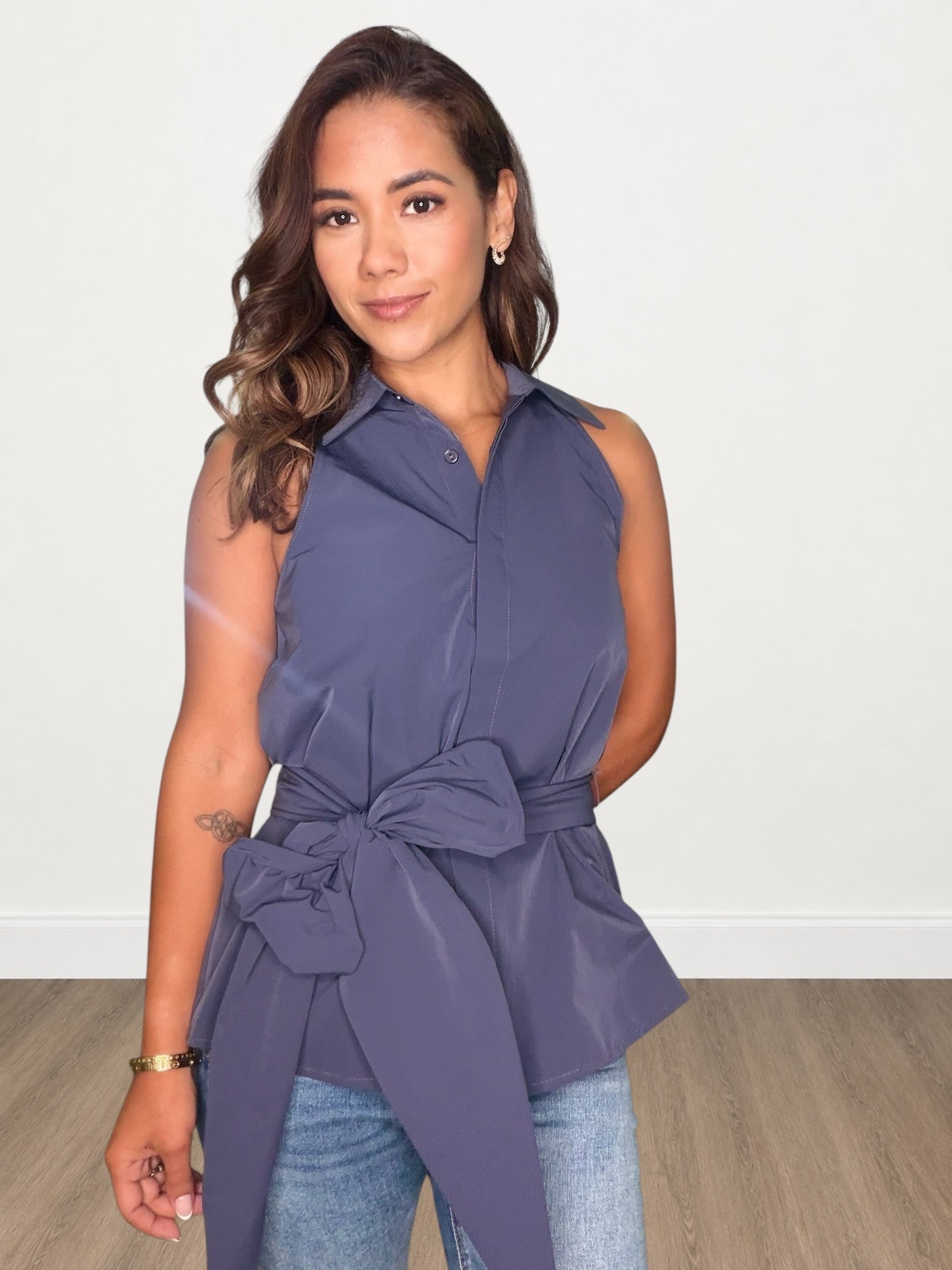 Sleeveless Collared Waist Tie Halter Top