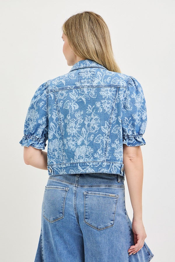 Floral Print Puff Sleeve Crop Denim Jacket