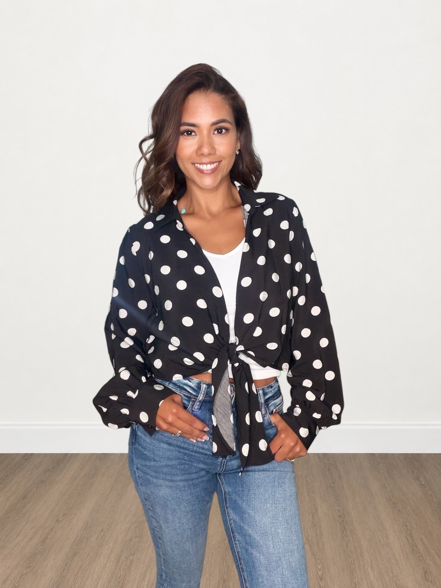 Polka Dot Deep V Front Tie Cropped Top