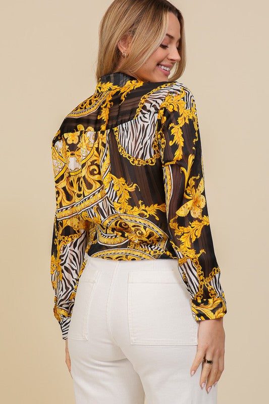 Black & Gold Chiffon Front Tie Top