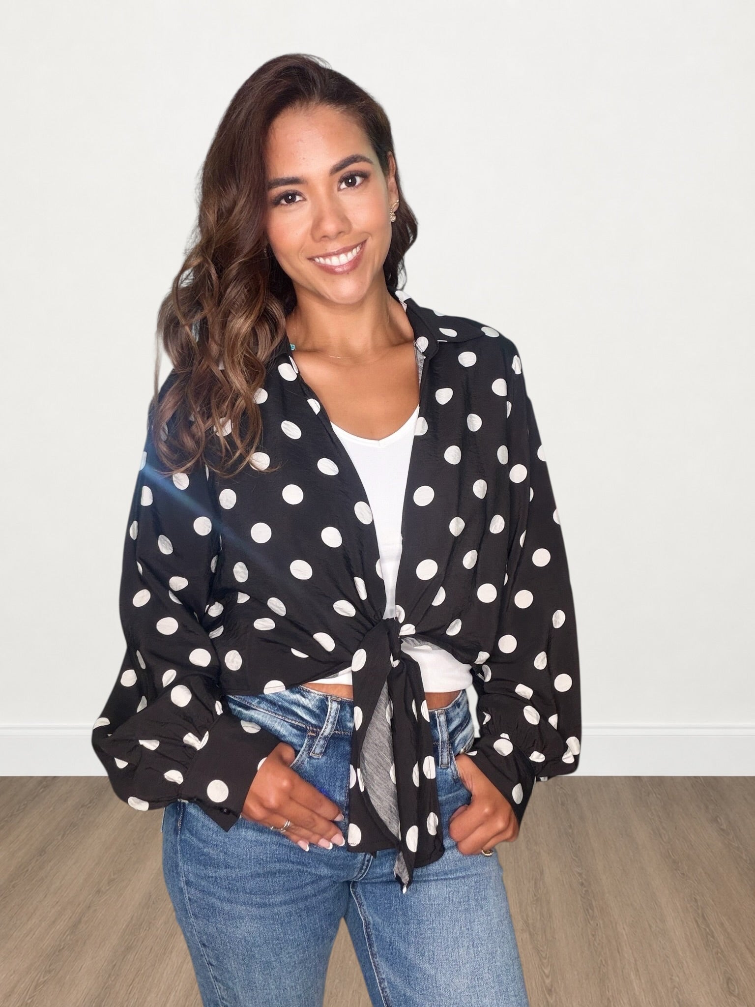 Polka Dot Deep V Front Tie Cropped Top