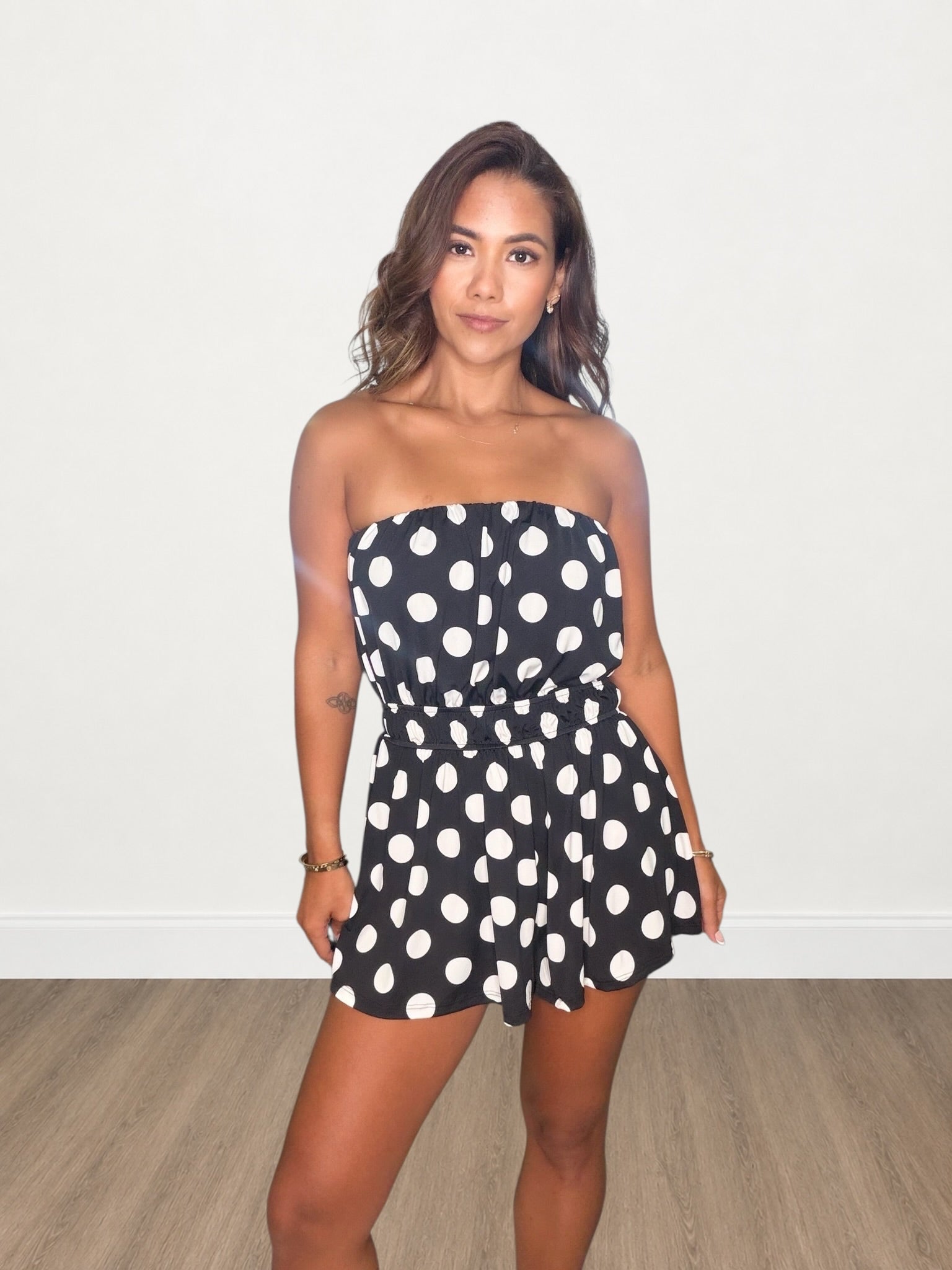 Polka Dot Strapless Smocked Waist Romper
