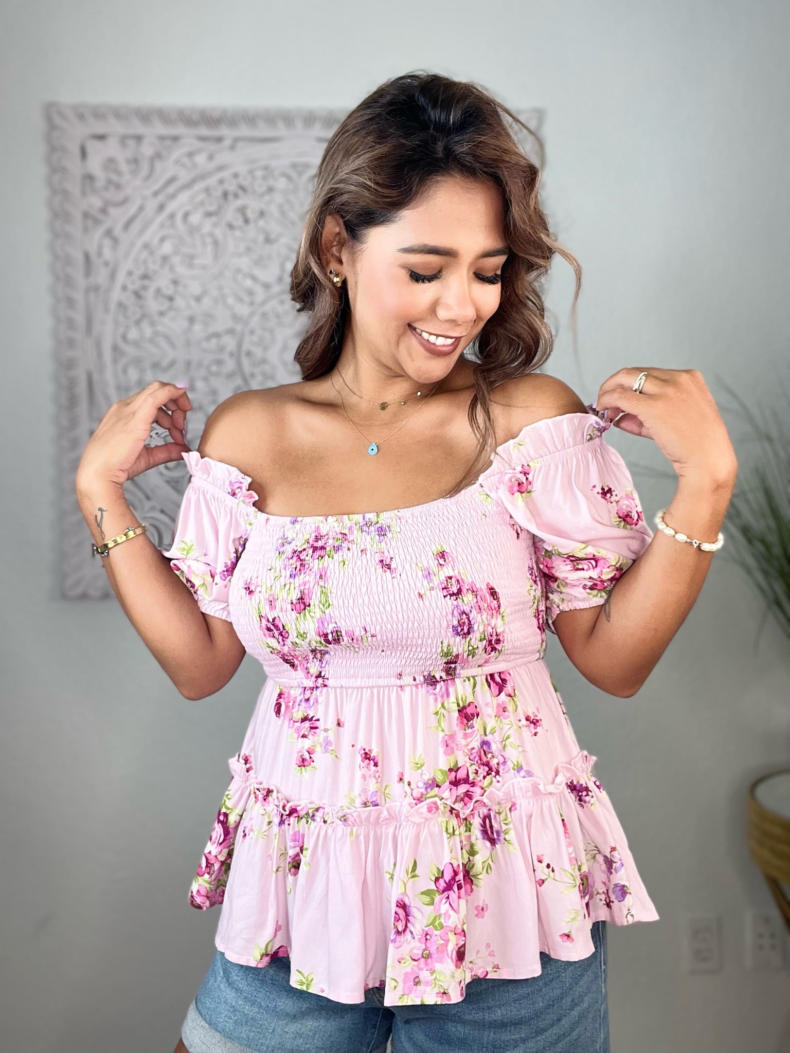 Flower Cinched Babydoll Top