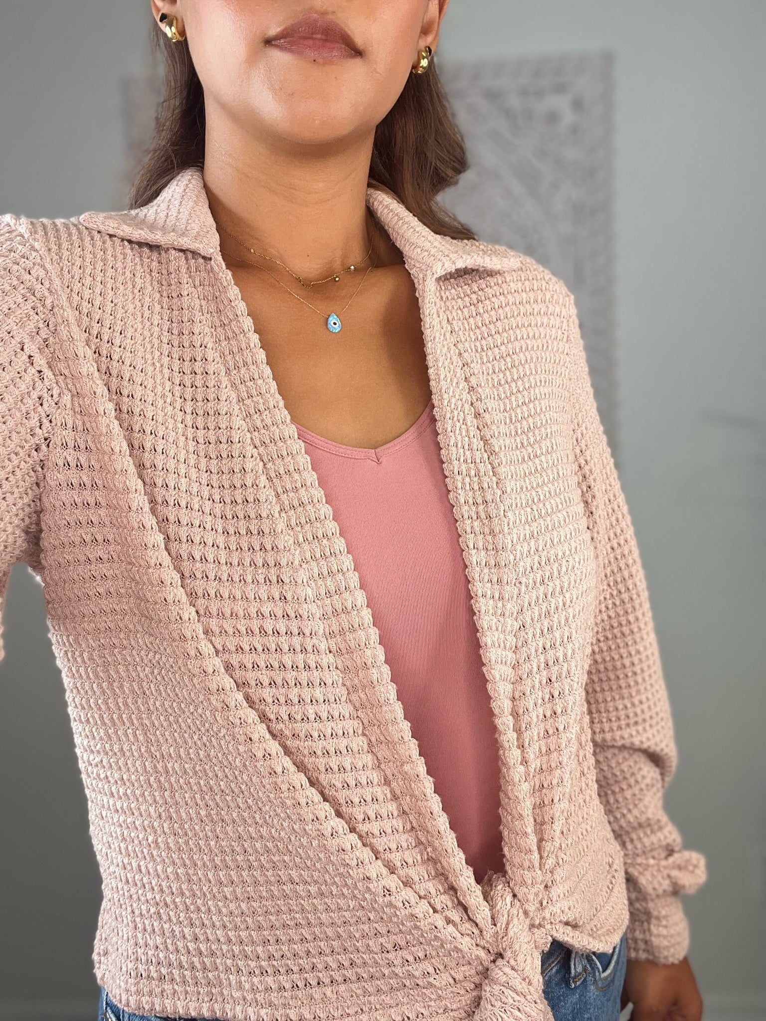 Front Tie Waffle Cardigan