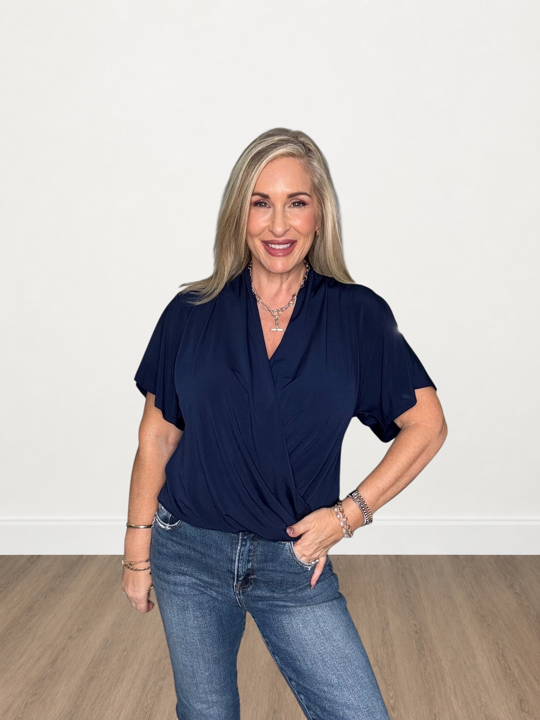 Navy Surplice Wrap Short Sleeve Dolman Top
