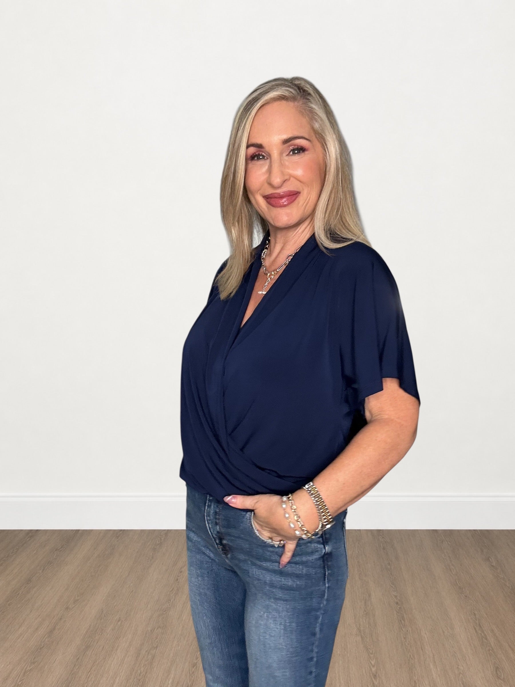 Navy Surplice Wrap Short Sleeve Dolman Top