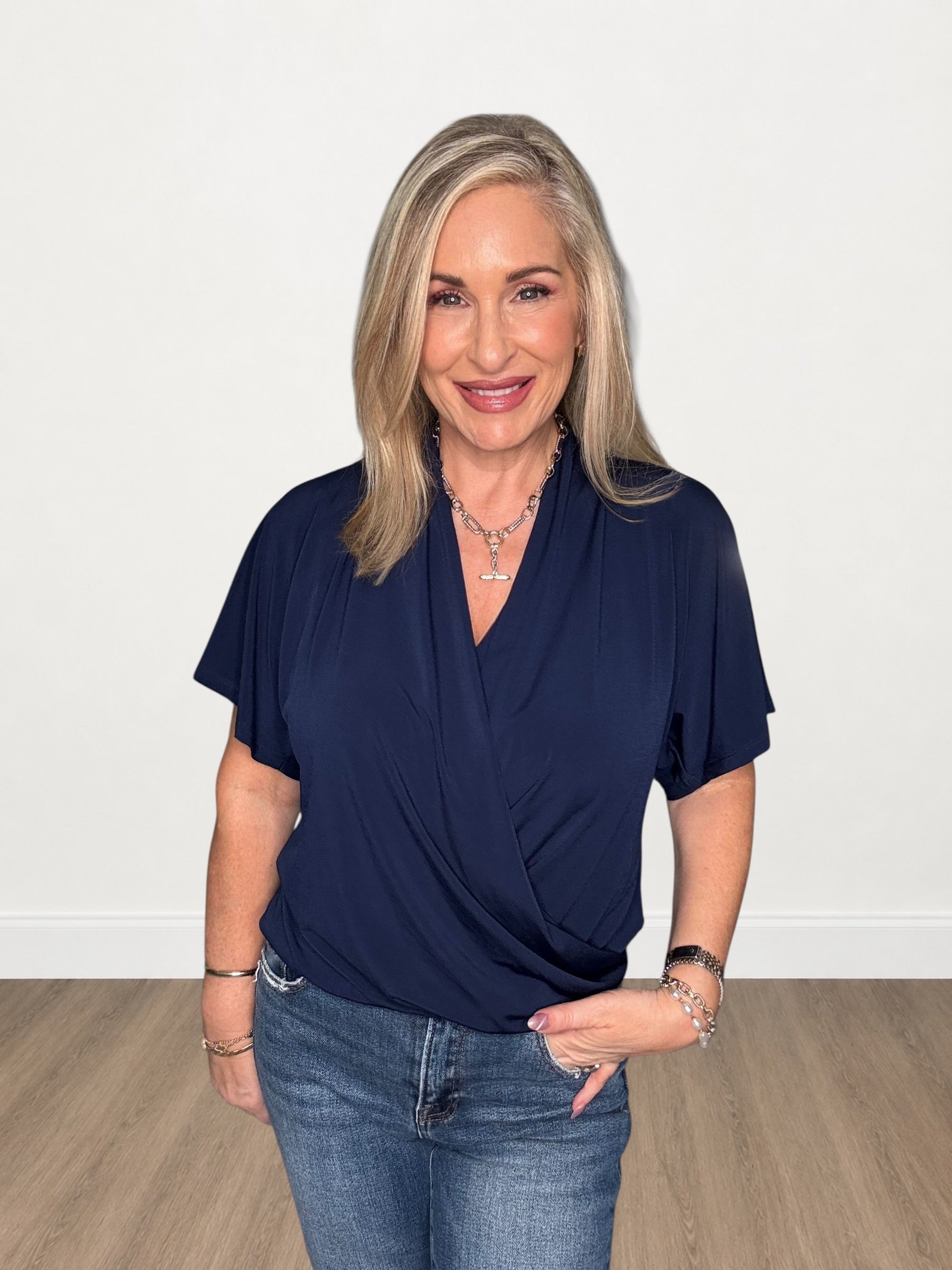 Navy Surplice Wrap Short Sleeve Dolman Top