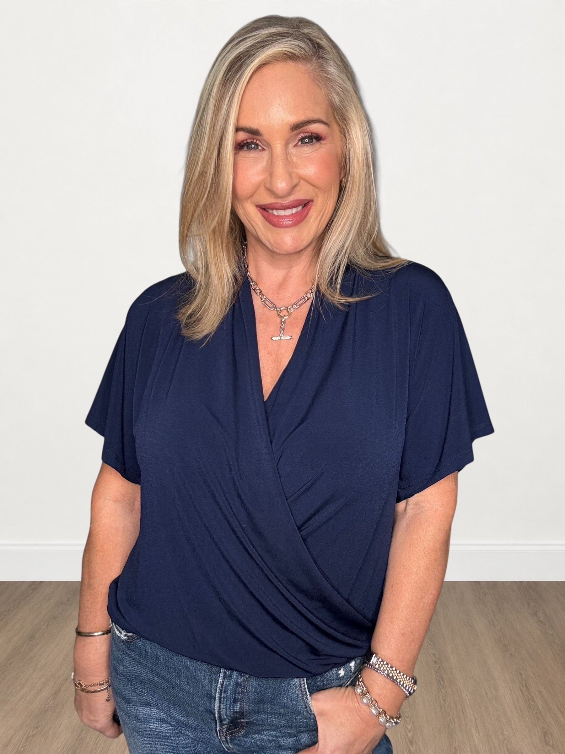 Navy Surplice Wrap Short Sleeve Dolman Top