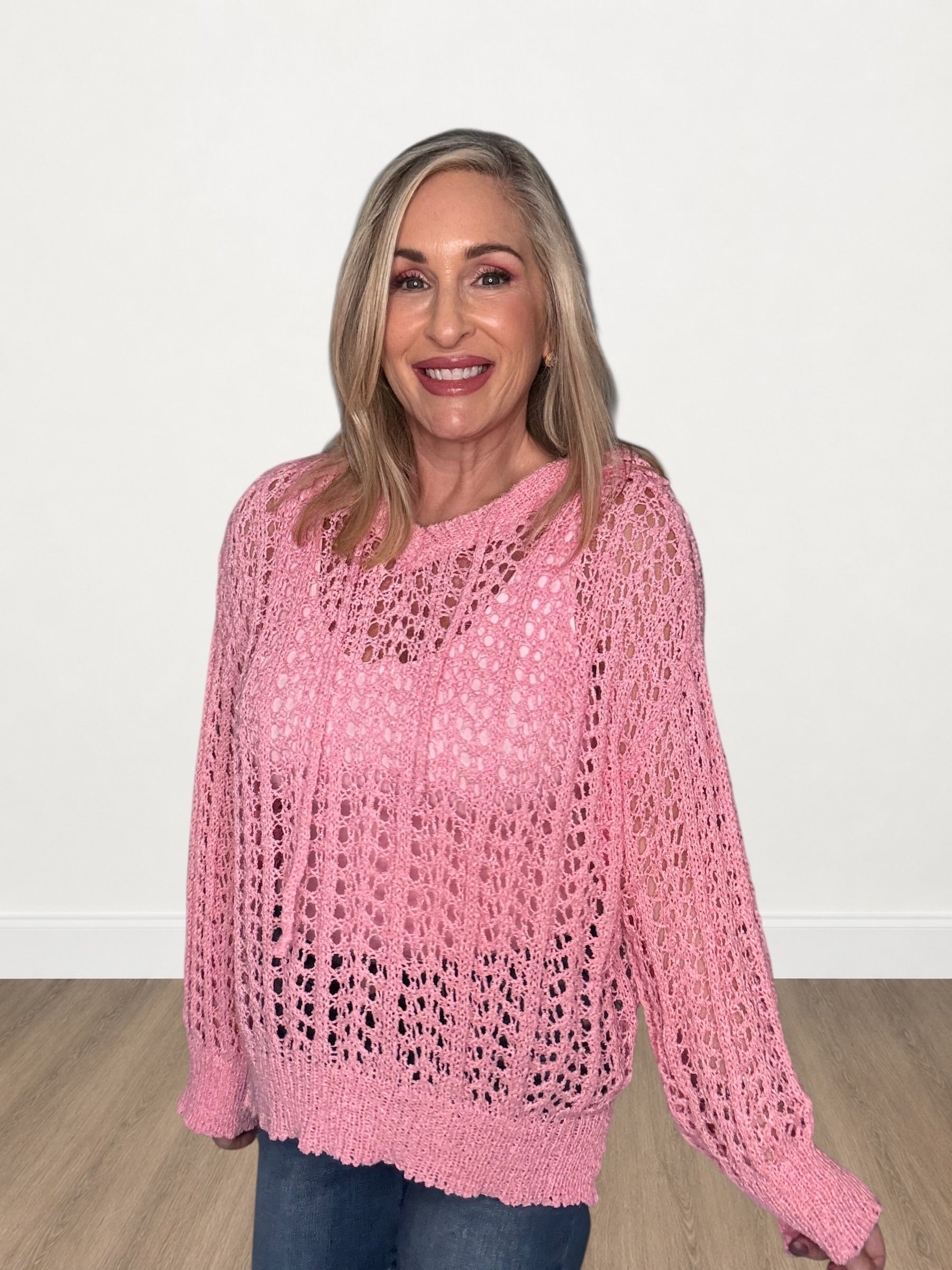 Open Pointelle Knit Hoodie Sweater