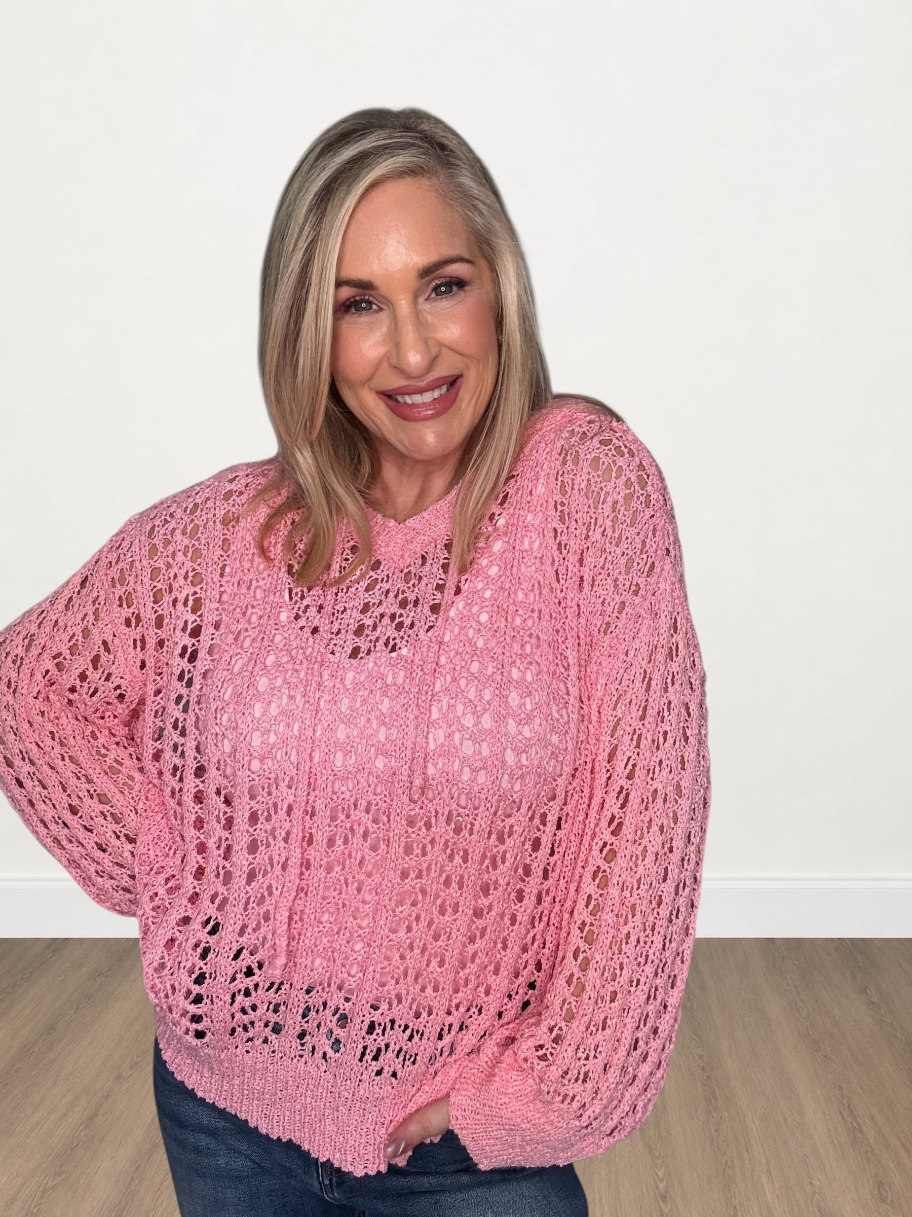 Open Pointelle Knit Hoodie Sweater