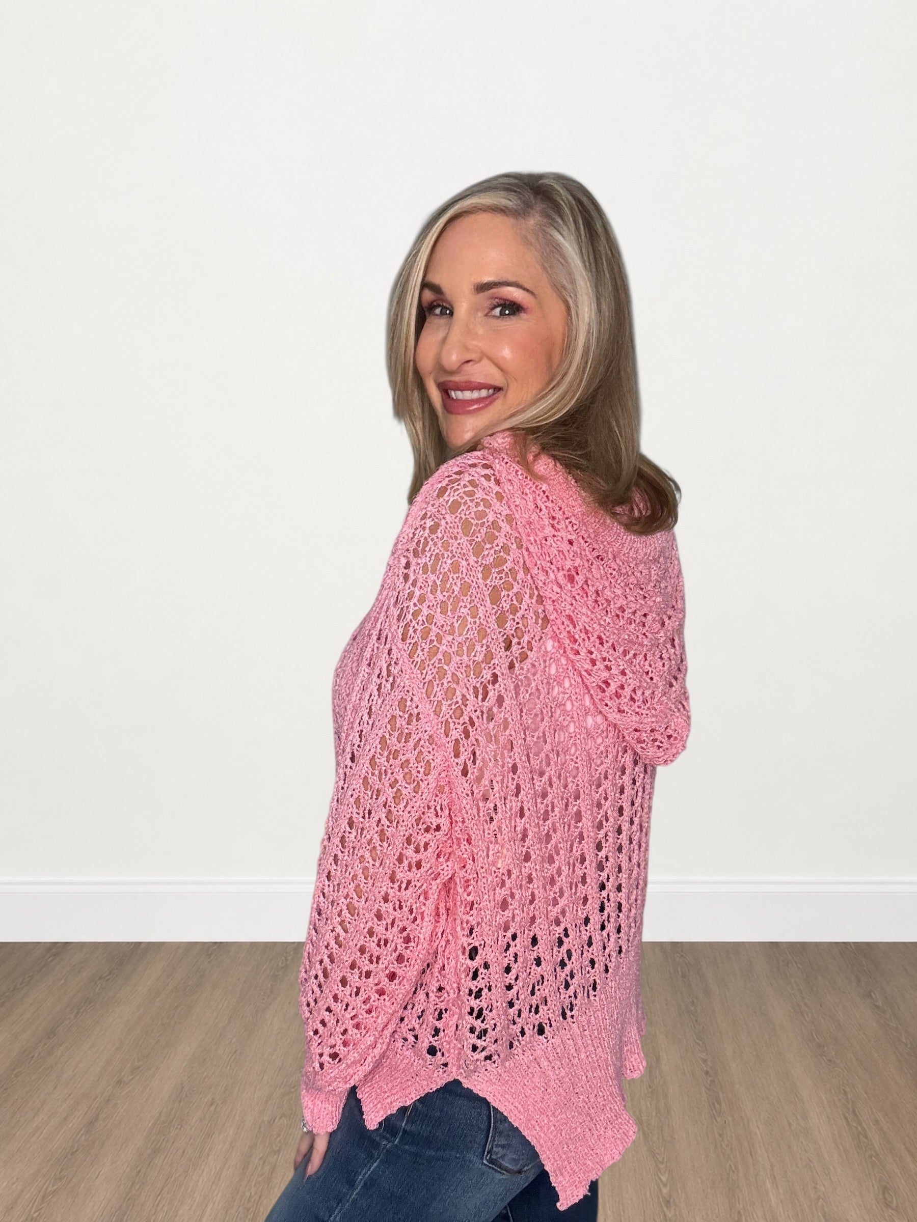 Open Pointelle Knit Hoodie Sweater
