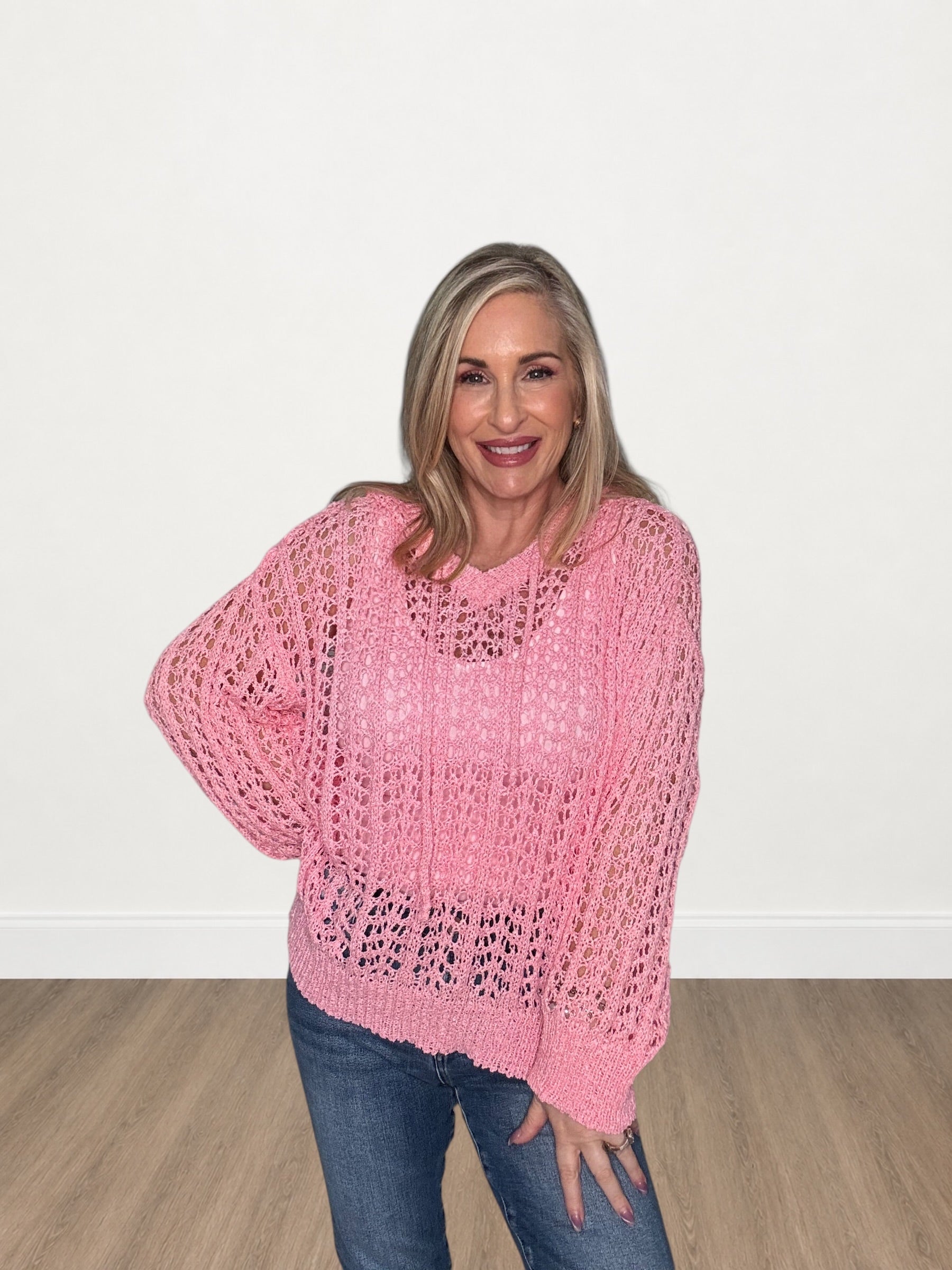 Open Pointelle Knit Hoodie Sweater