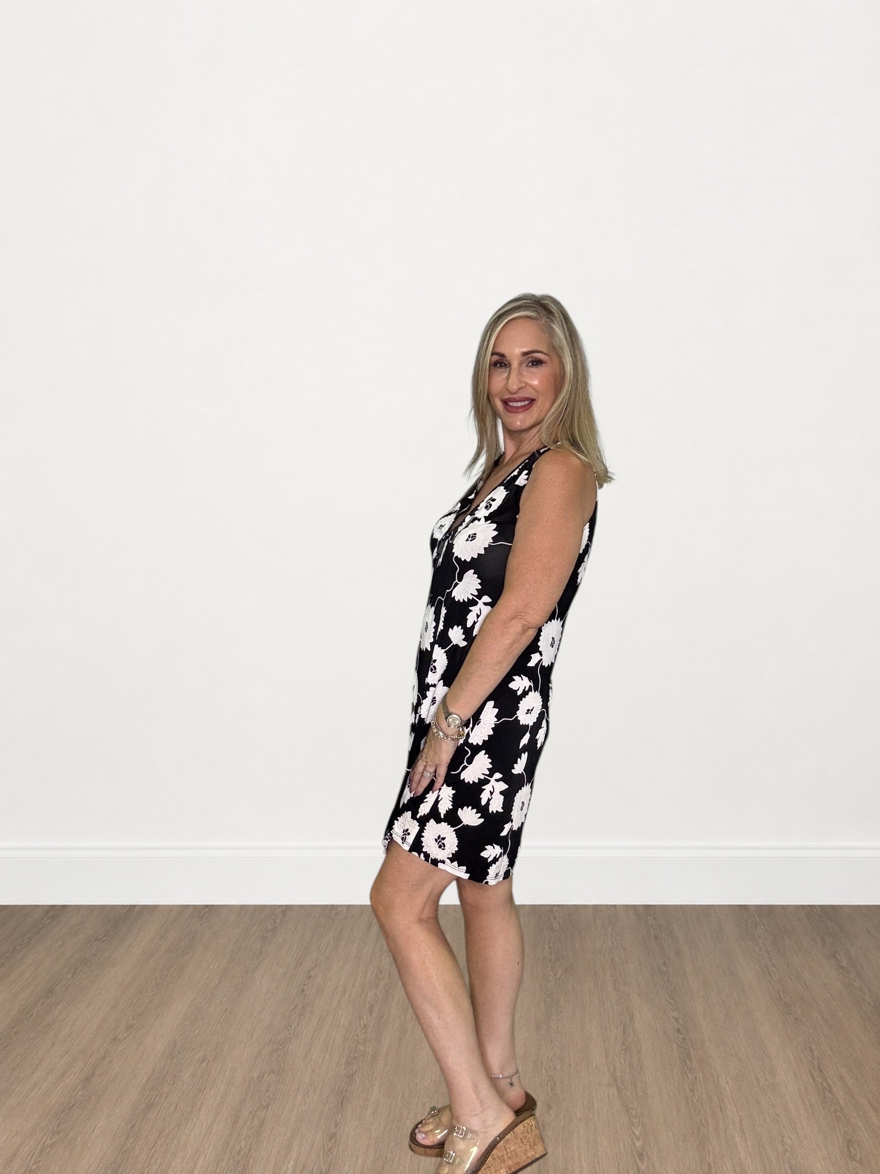 Daisy Print Tank Zipper Mini Dress