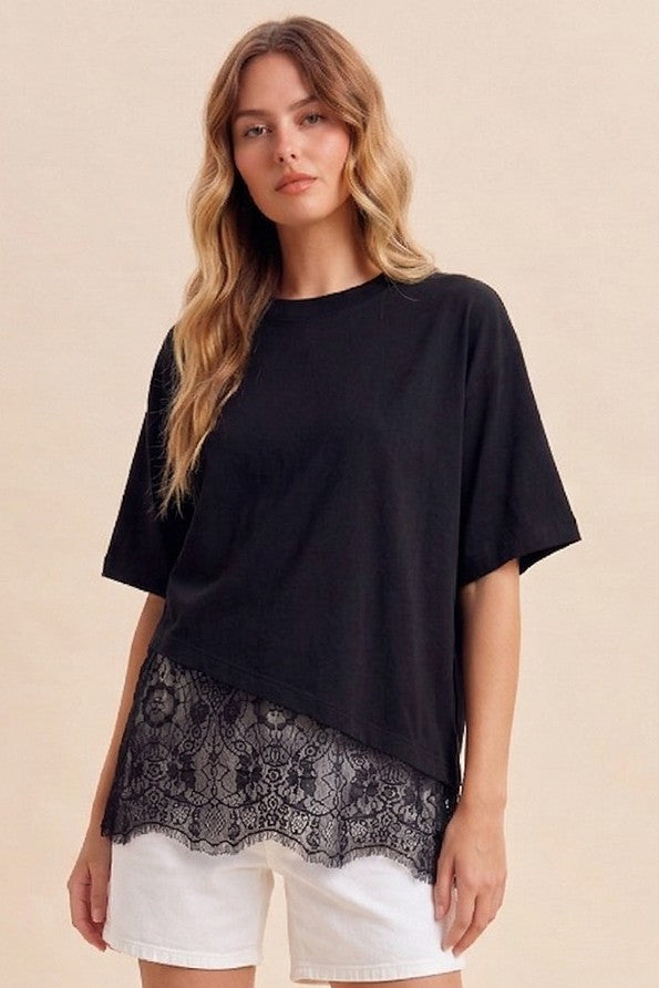 Floral Lace Trimmed Asymmetrical T-Shirt Top