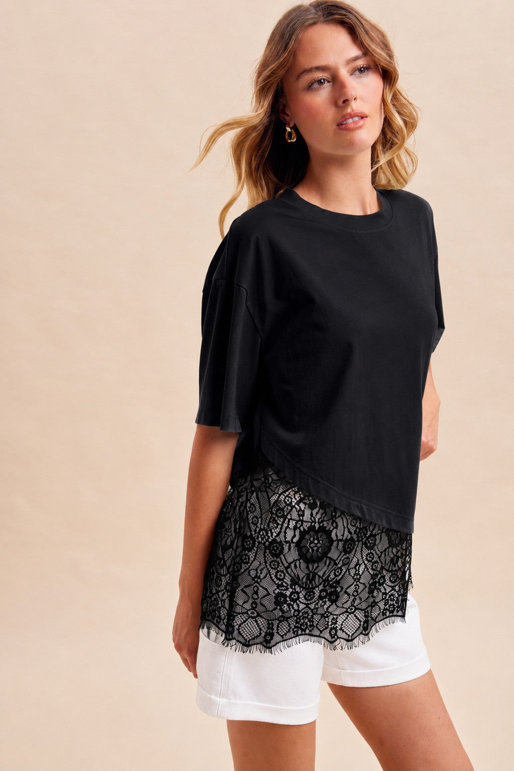 Floral Lace Trimmed Asymmetrical T-Shirt Top