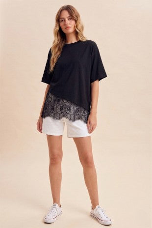 Floral Lace Trimmed Asymmetrical T-Shirt Top