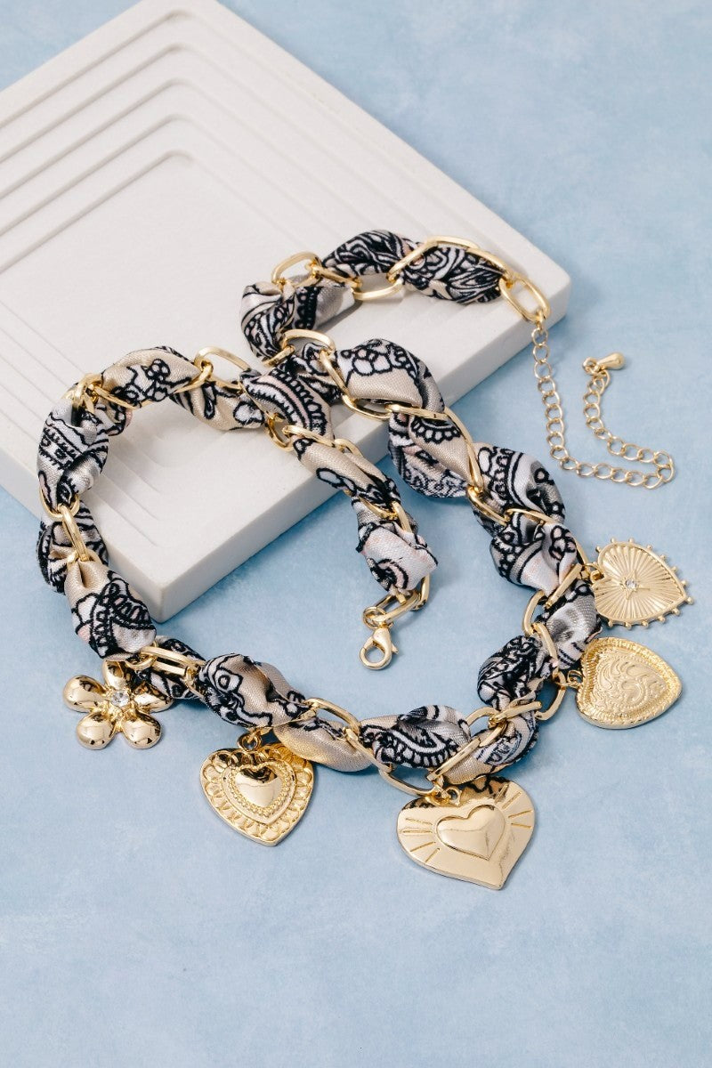 Heart & Flower Charm Bandana Braided Necklace