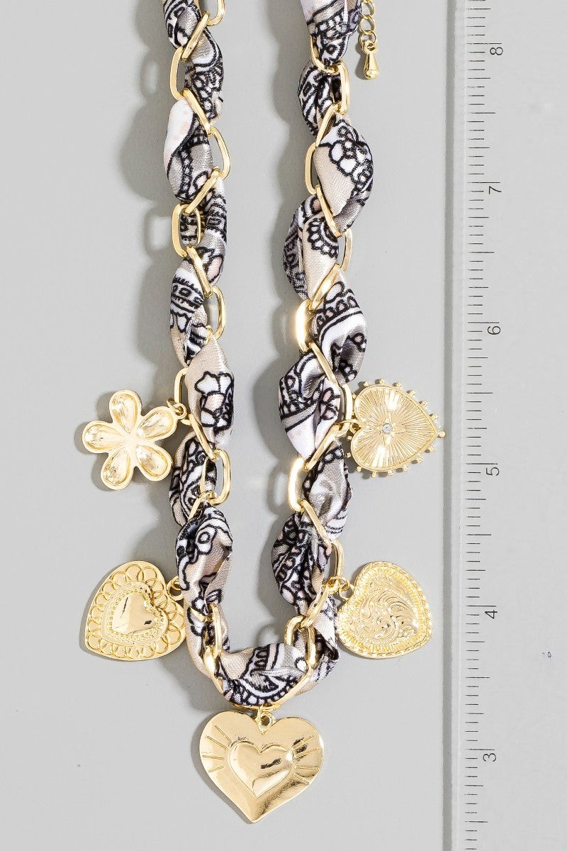 Heart & Flower Charm Bandana Braided Necklace
