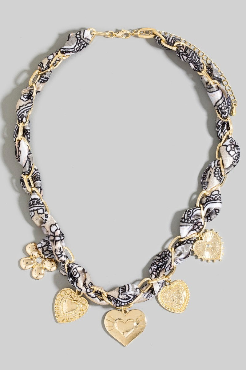 Heart & Flower Charm Bandana Braided Necklace