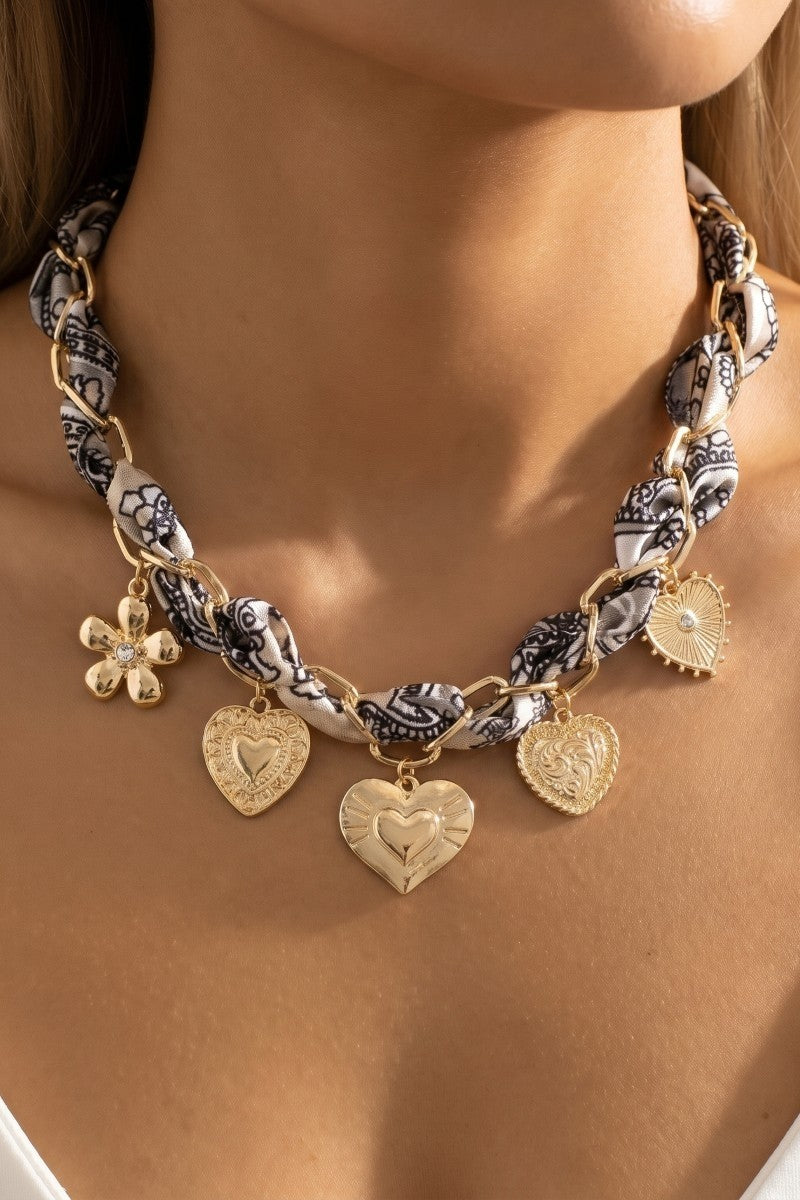 Heart & Flower Charm Bandana Braided Necklace