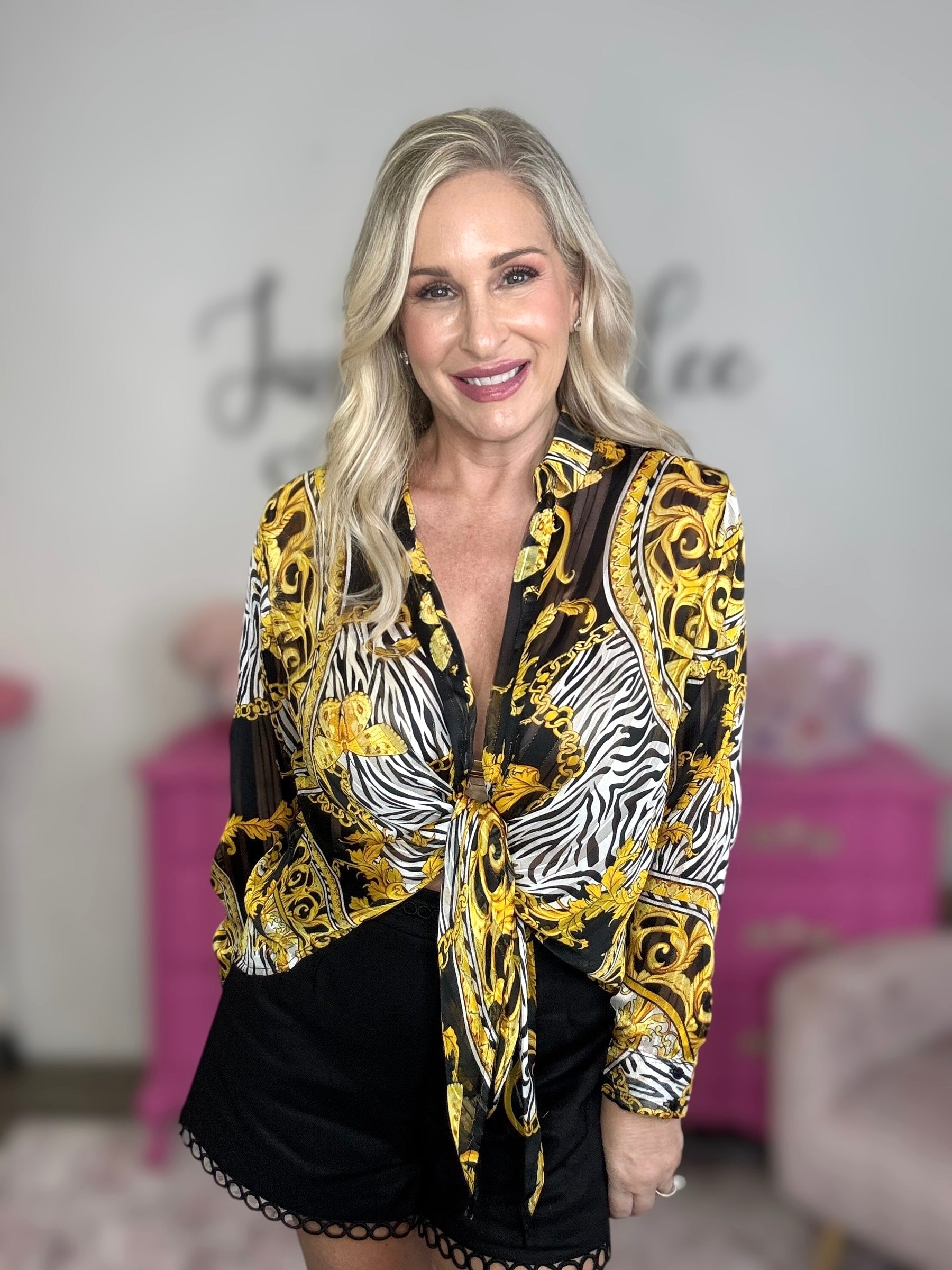 Black & Gold Chiffon Front Tie Top
