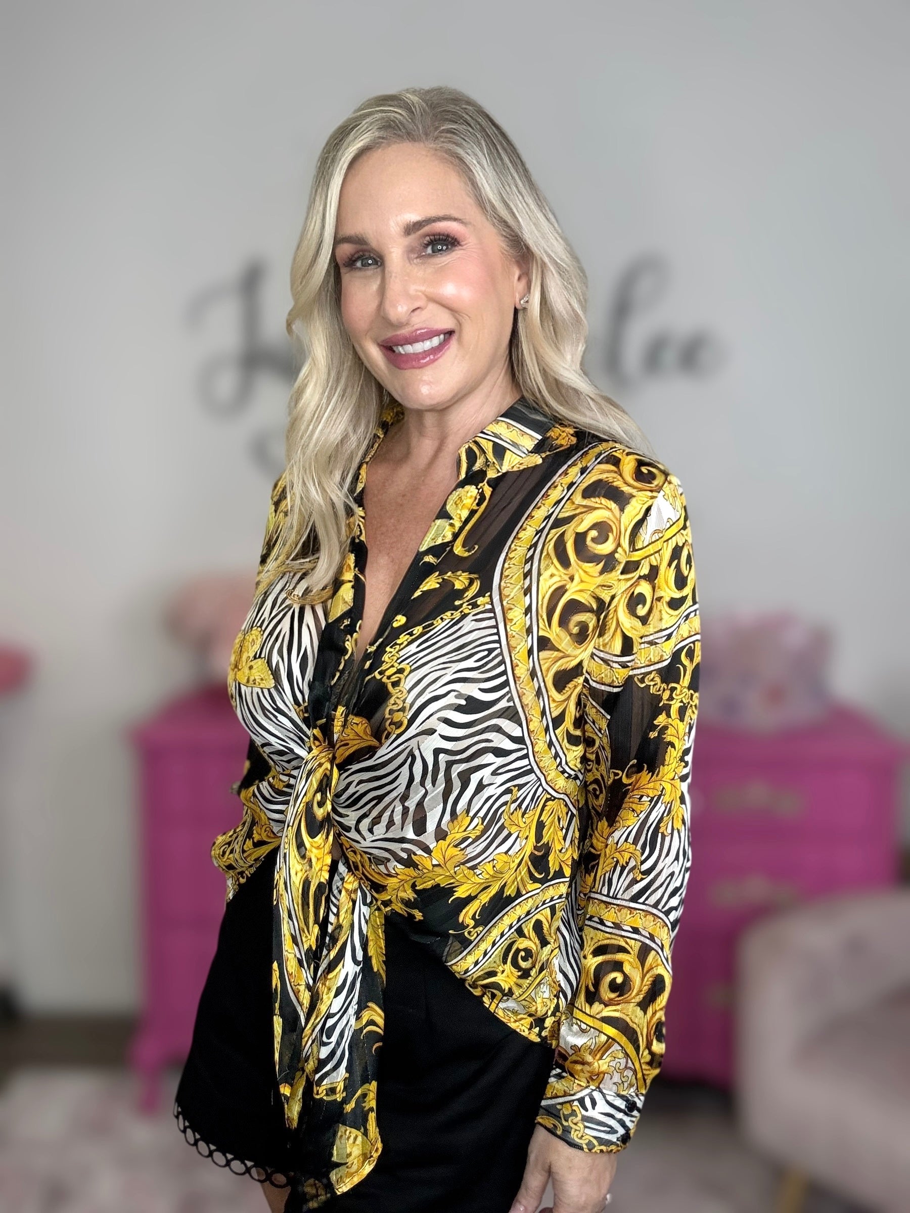 Black & Gold Chiffon Front Tie Top