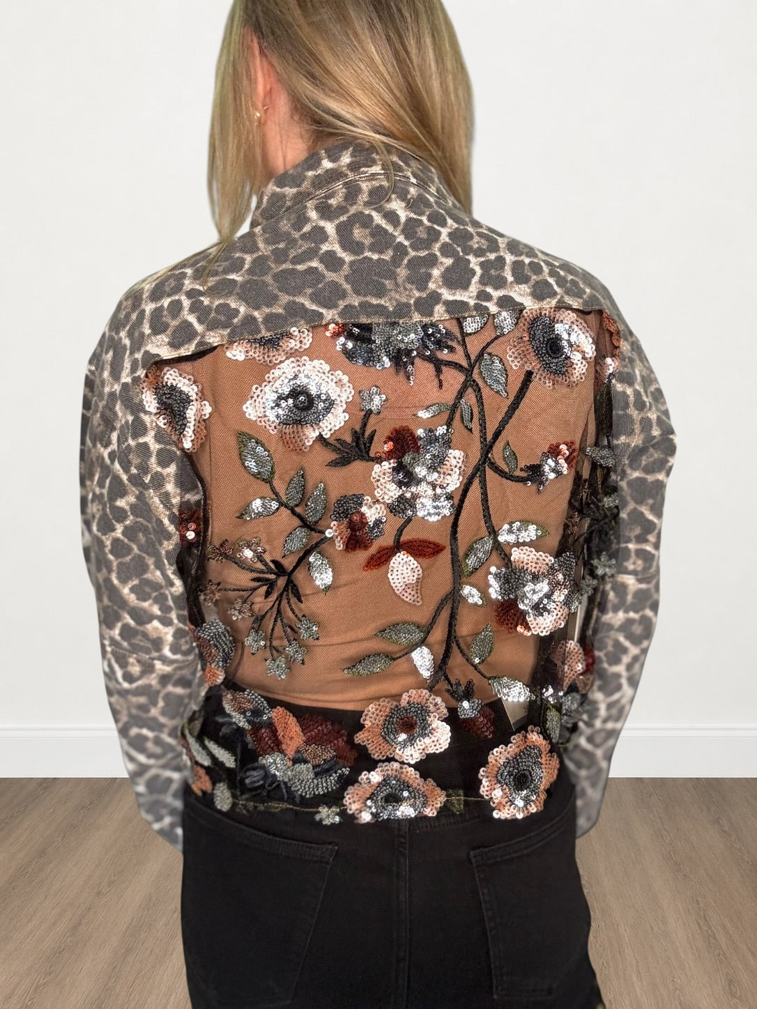 Leopard Denim Jacket with Contrast Floral Sequin Back